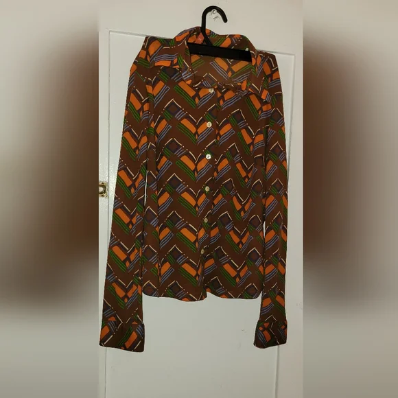 Sisley Italy Geometric Retro Print   Vintage Made In Italy Mesh  Button Shirt - Picture 2 of 10